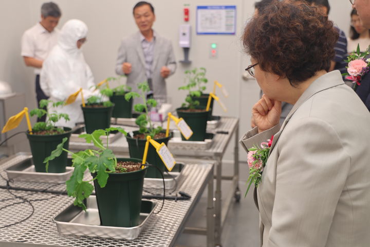 농림축산검역본부는 10일 경북 김천 본부 부지 내에 '식물검역생물안전연구동'을 개청하고 본격적인 운영에 들어간다고 11일 밝혔다. 이번 개청으로 고위험 병해충에 대응할 수 있는 연구에 속도가 붙을 전망이다. 김정희 검역본부장이 연구동 내부를 둘러보고 있다. (사진 = 검역본부 제공) 2025.09.11. *재판매 및 DB 금지