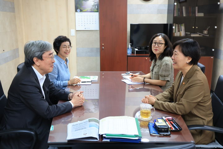 [세종=뉴시스]송미령 농림축산식품부 장관이 10일 서울 여의도에서 박진선 신임 한국식품산업협회 회장을 만나 식품 물가안정과 K-푸드 수출 확대에 대한 협조를 당부하고 있다.(사진=농식품부 제공) *재판매 및 DB 금지