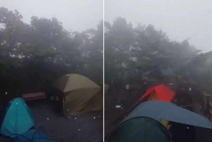 [서울=뉴시스] 강원도 춘천시 대룡산 전망대의 데크 위에 일부 캠핑족이 텐트를 쳐 등산객 이용을 방해한 일이 알려졌다. (사진 = 보배드림 캡처) 2025.09.10. *재판매 및 DB 금지