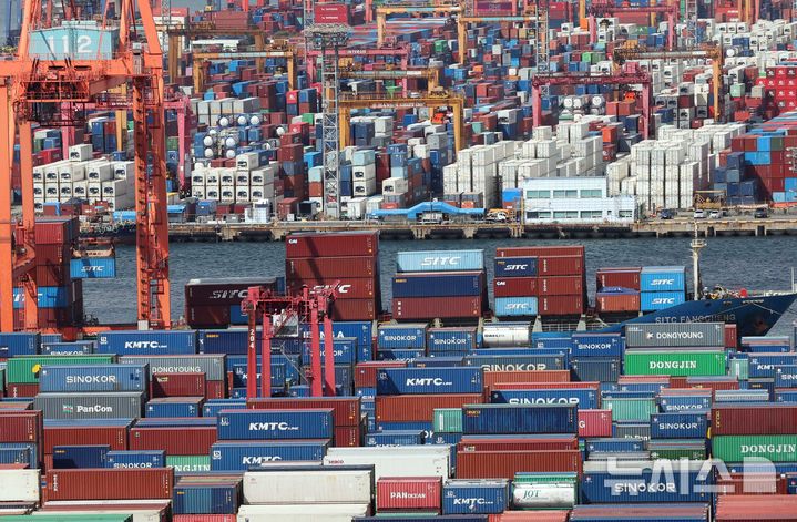  [부산=뉴시스] 하경민 기자 = 11일 부산 남구 신선대(아래) 및 감만(위) 부두 야적장에 수출입 컨테이너가 쌓여 있다. 2025.09.11. yulnetphoto@newsis.com