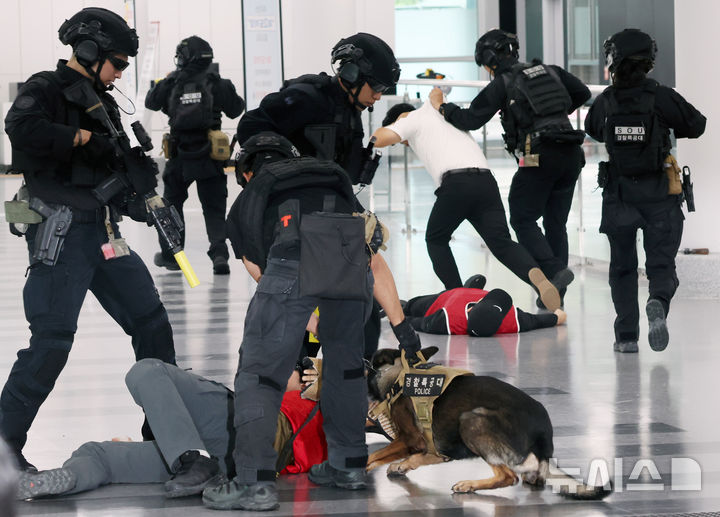  [부산=뉴시스] 하경민 기자 = APEC 정상회의 대비 김해국제공항 대테러 합동훈련이 열린 11일 부산 강서구 김해공항 국제선 터미널에서 경찰특공대가 경찰견을 동원해 무장한 인질 테러범을 진압하고 있다. 이번 훈련에는 한국공항공사, 부산지방항공청, 공군, 부산경찰청 등 13개 기관에서 100여 명이 참여한 가운데 APEC 정상회의 기간 중 공항에서 발생할 수 있는 테러상황에 대비해 불법드론 대응, 테러범 진압, 생화학 및 폭발물 처리에 대한 단계별 대응 절차 등을 종합적으로 점검했다. 2025.09.11. yulnetphoto@newsis.com