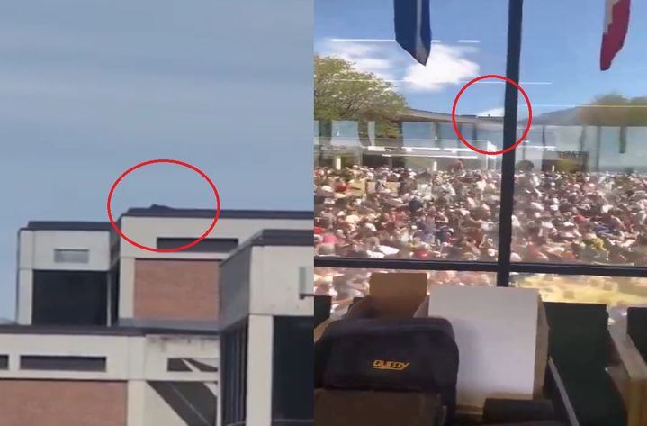 [뉴시스] 찰리 커크 연설 장소 맞은편 건물 옥상에서 발견돼 용의자로 추정되는 검은 물체. 2025.09.12. (사진=SNS 갈무리). *재판매 및 DB 금지