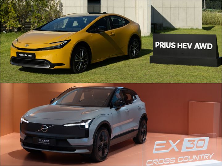 [서울=뉴시스] 위쪽부터 토요타코리아가 출시한 '2026년형 프리우스 HEV AWD XLE', 볼보자동차코리아가 출시한 'EX30 크로스 컨트리' (사진= 각 사 제공) photo@newsis.com *재판매 및 DB 금지