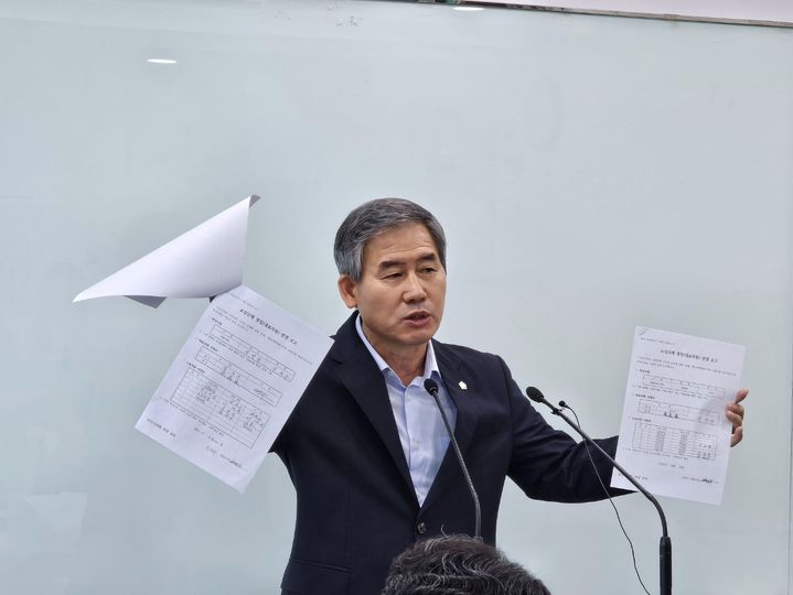 [당진=뉴시스] 김덕진 기자=김봉균 당진시의회 국민의힘 초선의원이 12일 당진시청 브리핑룸에서 탈당 관련 기자회견을 하며 당내 원내대표 선출과 관련한 회의록을 들어 보이고 있다. 2025.09.12. spark@newsis.com *재판매 및 DB 금지