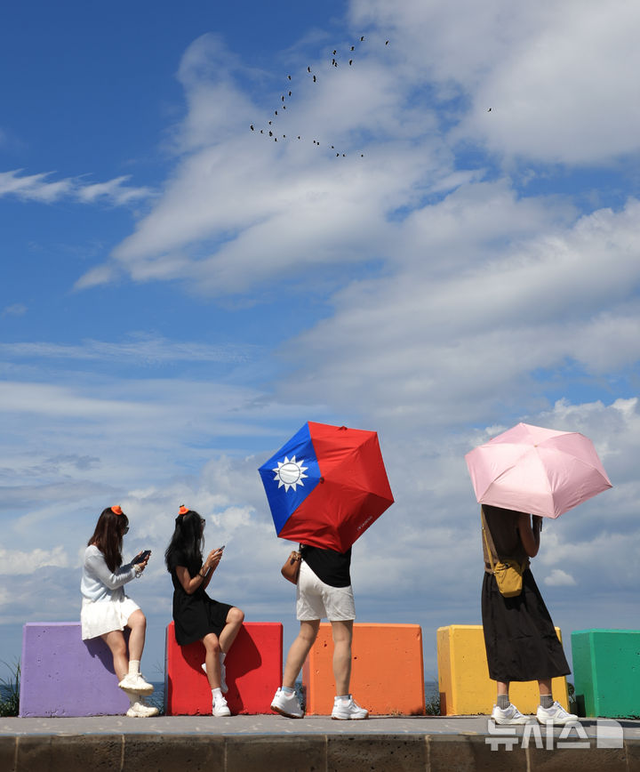 [제주=뉴시스] 우장호 기자 = 제주시 도두동 무지개 해안도로를 찾은 외국인 관광객들이 맑은 하늘을 가르는 철새 무리를 바라보고 있다. (사진=뉴시스DB) woo1223@newsis.com