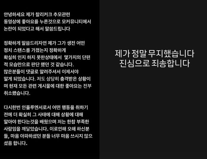 [서울=뉴시스] 해쭈가 올린 사과문. (사진=인스타그램 갈무리) *재판매 및 DB 금지