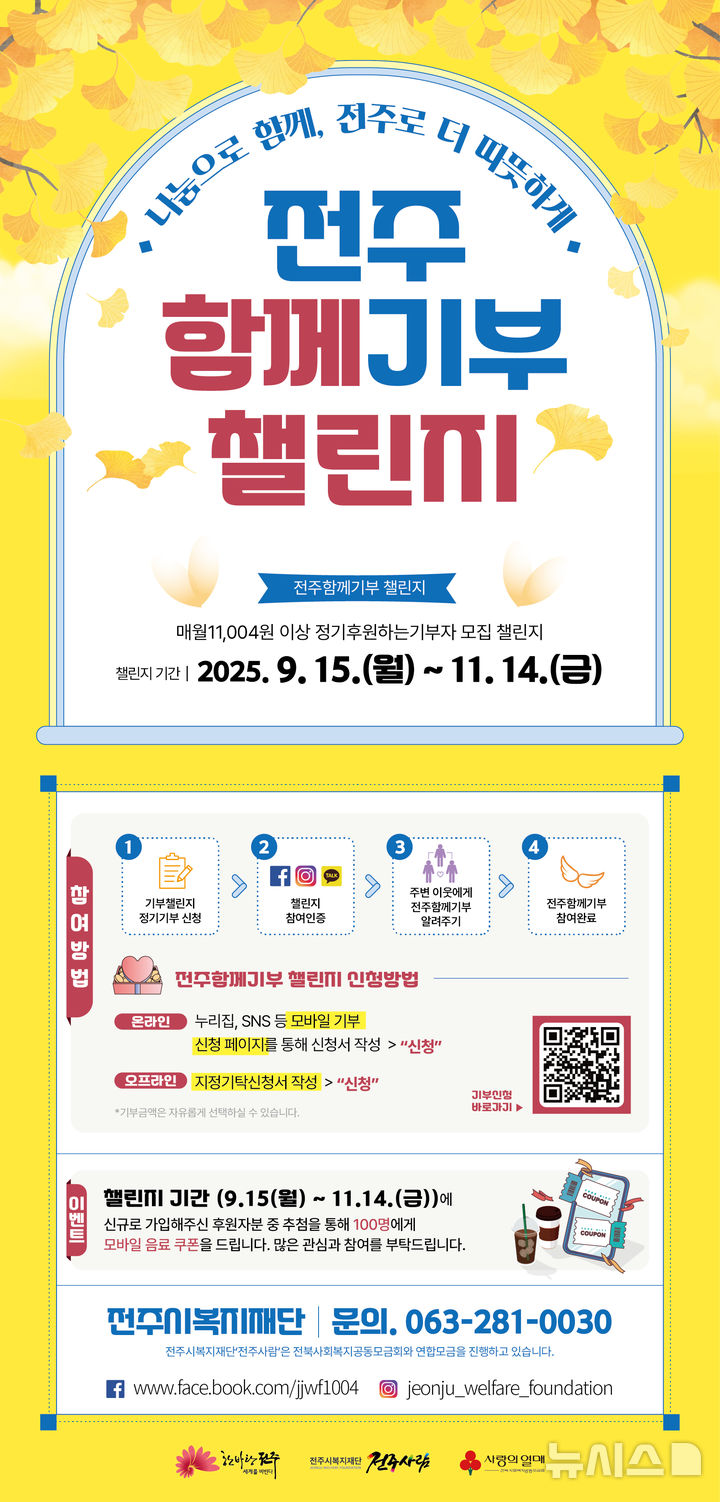 [전주=뉴시스]윤난슬 기자 = 전북 전주시복지재단은 복지 사각지대 해소와 민간 재원 확보를 위해 오는 11월 14일까지 두 달간 '전주함께기부 챌린지'를 진행한다고 15일 밝혔다. (사진=전주시 제공) photo@newsis.com 