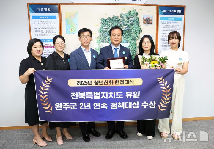 [완주=뉴시스] 유희태 완주군수가 직원들과 함께 '제8회 청년친화헌정대상' 정책대상을 수상을 기념하고 있다. (사진= 완주군 제공) *재판매 및 DB 금지