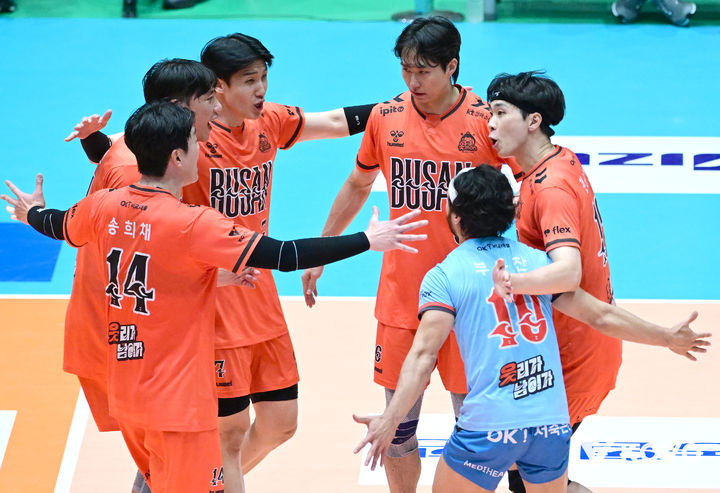 [서울=뉴시스] 프로배구 OK저축은행 선수단이 15일 전남 여수 진남체육관에서 열린 2025 여수·NH농협컵 프로배구대회 남자부 조별리그 A조 경기에서 KB손해보험을 상대로 득점을 올린 뒤 환호하고 있다. (사진=KOVO 제공) 2025.09.15. *재판매 및 DB 금지