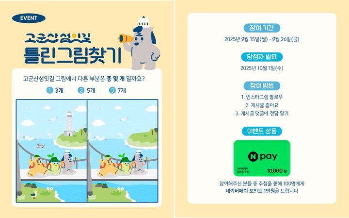 군산시, 고군산섬잇길 '틀린 그림 맞추기' 이벤트 참여하세요
