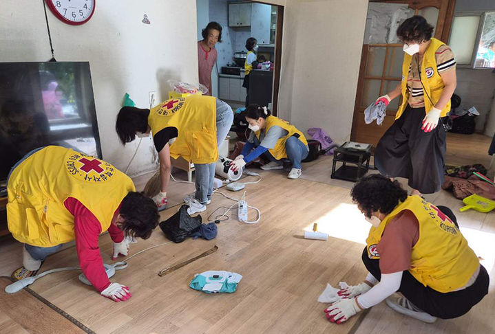 정선군 여량면 아우라지 적십자봉사회 회원들이 16일 거동이 불편한 장애인 가정을 찾아 주거환경 개선 봉사활동을 펼치고 있다.(사진=정선군 제공) *재판매 및 DB 금지