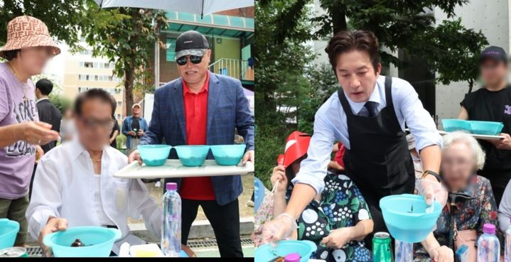 [서울=뉴시스] 가수 김흥국과 배우 정준호가 짜장면 나눔 봉사에 나섰다. (사진=마포구청, 홍보사 에이엠지글로벌 제공) 2025.09.16. photo@newsis.com *재판매 및 DB 금지