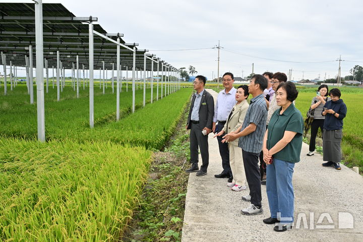 [완주=뉴시스] 전북 완주군의회 탄소중립 녹생성장 특별위원회 위원들이 전라남도 영광군 염산면 월평마을을 방문해 영농형 태양광발전소 실증현장을 살펴보고 있다. (사진= 완주군의회 제공) *재판매 및 DB 금지