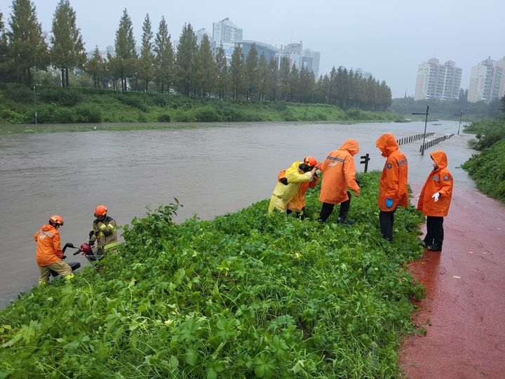 [안산=뉴시스] 16일 안산천 한양교 인근 산책로가 갑자기 불어난 물에 침수된 가운데 사동119안전센터 대원들이 불어난 물에 고립된 노인을 구조하고 있다.(사진=안산소방서 제공02025.09.16.photo@newsis.com *재판매 및 DB 금지