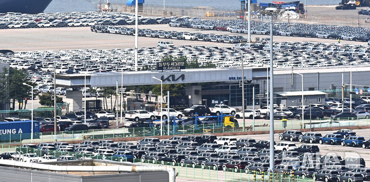 [평택=뉴시스] 김종택 기자 =경기 평택시 포승읍 평택항 자동차 전용부두에 수출용 차량이 세워져 있는 모습. 2025.09.16. jtk@newsis.com