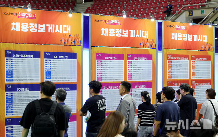 [구미=뉴시스] 이무열 기자 = 16일 경북 구미시 박정희체육관에서 열린 2025 춘하추동 취업 한마당에서 구직자들이 채용정보 게시대를 살펴보고 있다.이번 행사에는 첨단 IT 기기 부품, 자동차 부품, 전기·전자 부품 제조업체 등 35개의 주요 구인기업이 참여해 236명의 인재를 채용할 계획이다. 2025.09.16. lmy@newsis.com