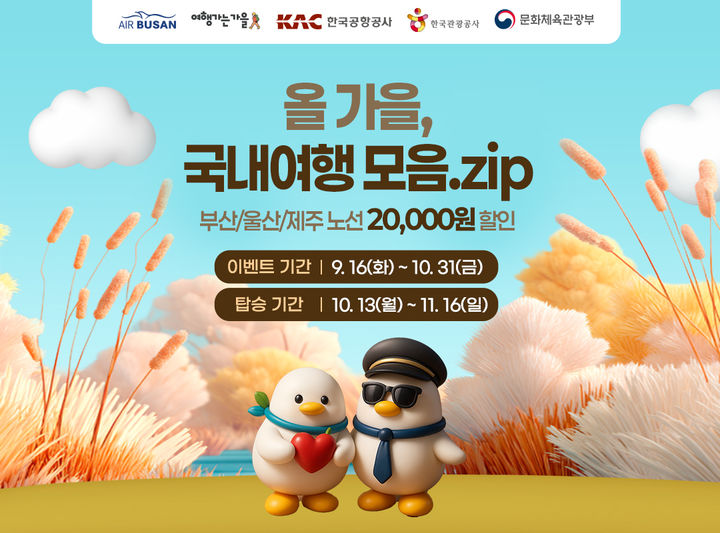 [부산=뉴시스] 에어부산은 10월31일까지 문화체육관광부와 한국관광공사가 주관하는 국내 여행 활성화 캠페인인 '여행가는 가을' 국내선 항공권 할인 프로모션에 참여한다. (사진=에어부산 제공) 2025.09.17. photo@newsis.com *재판매 및 DB 금지