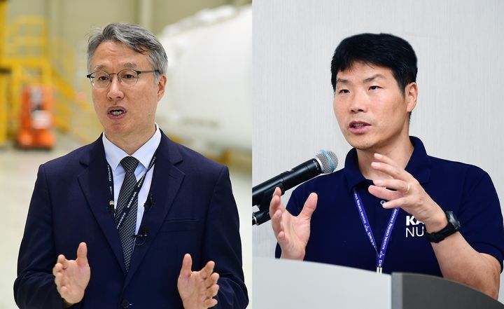 [고흥=뉴시스] (왼쪽부터) 박재성 항우연 우주수송부문장, 박종찬 항우연 한국형발사체고도화사업단장. (사진=우주항공청 제공) *재판매 및 DB 금지