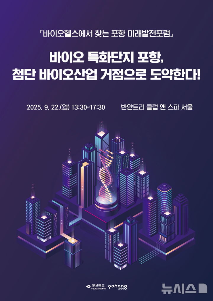 [포항=뉴시스] 송종욱 기자 = 경북도·포항시는 오는 22일 서울시 장충동 반얀트리 클럽 앤 스파 서울에서 '2025 바이오 헬스에서 찾는 포항 미래 발전 포럼'을 개최한다. 사진은 '2025 바이오헬스에서 찾는 포항 미래 발전 포럼' 포스터. (사진=포항시 제공) 2025.09.17. photo@newsis.com