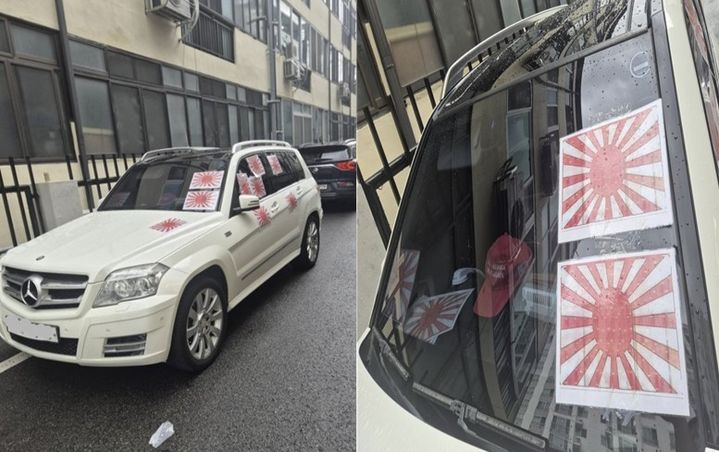[서울=뉴시스] 경북 김천에서 일본 제국주의를 상징하는 '욱일기'를 부착한 벤츠가 목격돼 논란이 일고 있다. (사진=온라인 커뮤니티 갈무리) 2025.09.18 *재판매 및 DB 금지