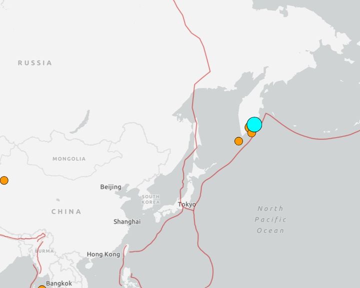 [서울=뉴시스] 러시아 극동 캄차카반도 페트로파블롭스크-캄차츠키 동쪽 143㎞ 해상에서 19일(현지 시간) 오전 6시58분께 규모 7.8 지진이 발생했다고 미국 지질조사국(USGS)이 발표했다. (사진=USGS 웹사이트 갈무리) 2025.09.19. *재판매 및 DB 금지