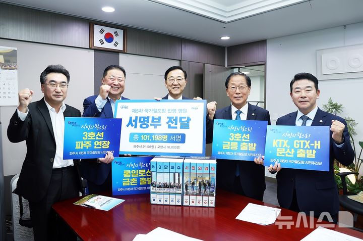 [파주=뉴시스]김경일 파주시장과 윤후덕 국회의원, 박정 국회의원이 파주시민 염원이 담긴 10만인 서명부를 국토교통부장관에게 전달하고 있다.(사진=파주시 제공)photo@newsis.com