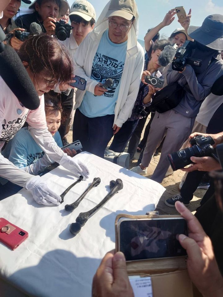 [서울=뉴시스] 임철휘 기자 = 일제강점기 조선인 노동자 136명이 숨진 조세이(長生) 해저 탄광 수몰 사고 희생자 유골을 수습해온 일본 시민단체 '조세이 탄광 수몰사고(水非常)를 역사에 새기는 모임'(이하 새기는모임)이 일본 정부와 만나 시추 조사 등 안전성 검증을 제안했다. 사진은 지난달 25일 유해 발굴 잠수 조사 당시 발견된 인골 3점. (사진=새기는모임 제공) 2025.09.19. photo@newsis.com *재판매 및 DB 금지