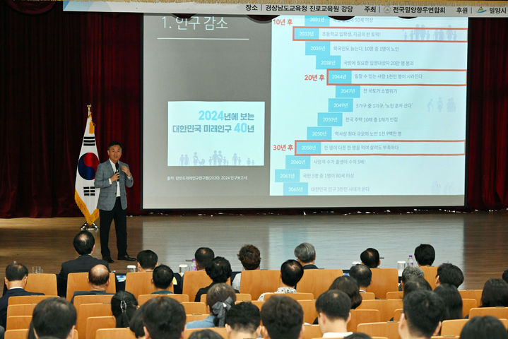 [밀양=뉴시스] 배상훈 성균관대 교육학과 교수가 인구감소시대, 교육·인재양성 패러다임을 주제로 기조 강연을 진행하고 있다. (사진= 밀양시 제공) 2025.09.19. photo@newsis.com *재판매 및 DB 금지