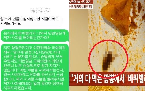 [뉴시스] 중식당에서 시켜먹은 음식에서 나온 바퀴벌레(오른쪽)와 군 의장에게 받은 문자 내용(왼쪽). 2025.09.19. (사진=JTBC '사건반장' 갈무리). *재판매 및 DB 금지