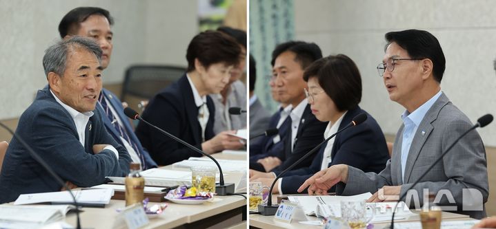 [고창=뉴시스] 19일 오후 고창군청에서 열린 '더불어민주당과 고창군이 함께하는 정책협의회', 민주당 지역위원장인 윤준병 국회의원(왼쪽)과 심덕섭 고창군수(오른쪽)가 군 현안사업의 예산확보 전략에 대해 의견을 나누고 있다. *재판매 및 DB 금지