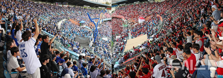 [서울=뉴시스] 조성우 기자 = 19일 서울 송파구 잠실야구장에서 열린 2025 정기 고려대학교·연세대학교 친선경기대회(고연전) 야구 경기에서 양 대학교 학생들이 응원전을 펼치고 있다.양 대학은 매년 해당 대회의 명칭을 '고연전'과 '연고전'으로 번갈아 사용하고 있다. 올해는 연세대 주최로 개최되기에 '고연전'으로 열린다. 2025.09.19. xconfind@newsis.com