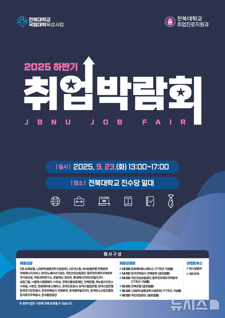 [전주=뉴시스]윤난슬 기자 = 전북대는 '2025 하반기 전북대학교 취업박람회(JBNU JOB FAIR)'를 오는 23일 대학 진수당 일원에서 연다고 22일 밝혔다. (사진=전북대 제공) photo@newsis.com 