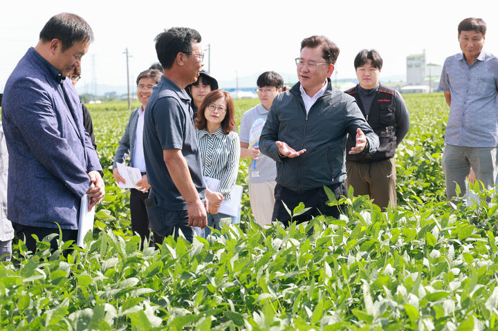[세종=뉴시스]이승돈 농촌진흥청장이 22일 전북 김제시 논콩 생산단지를 찾아 생육 상황을 점검하고 있다. (사진=농촌진흥청 제공) *재판매 및 DB 금지