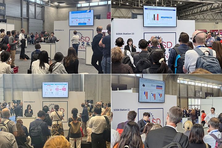 [서울=뉴시스] 한미약품 R&D센터 연구원들이 지난 15일 오스트리아 비엔나에서 열린 유럽당뇨병학회(EASD 2025)에서 차세대 비만치료 삼중작용제 HM15275와 신개념 비만치료제 HM17321, 경구용 비만치료제 HM101460의 주요 연구 내용을 토대로 참석자들에게 설명하고 있다. (사진=한미약품 제공) 2025.09.23. photo@newsis.com *재판매 및 DB 금지