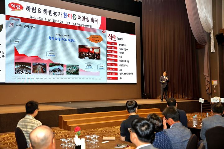 전주 그랜드힐스턴 호텔에서 22일 오후 열린 '하림-사육농가 한마음 어울림 축제'에서 하림 조현성 사육본부장이 농가 소득 증대와 사육 성적 향상 등 상생 경영의 성과와 비전을 발표하고 있다. (사진=하림 제공) *재판매 및 DB 금지