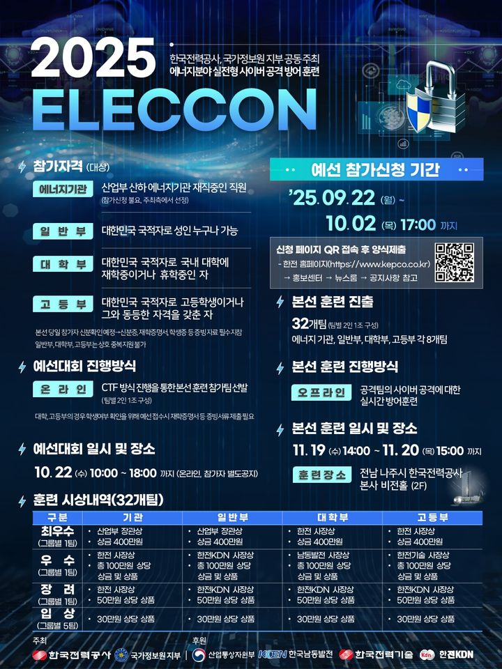 [세종=뉴시스]한국전력공사가 사이버보안 전문인력 양성과 에너지분야 협력체계를 강화하기 위해 국정원 지부와 공동으로 '2025년 실전형 사이버공격 방어훈련(일렉콘·ELECCON)'을 개최한다고 23일 밝혔다.(사진=한전 제공) *재판매 및 DB 금지