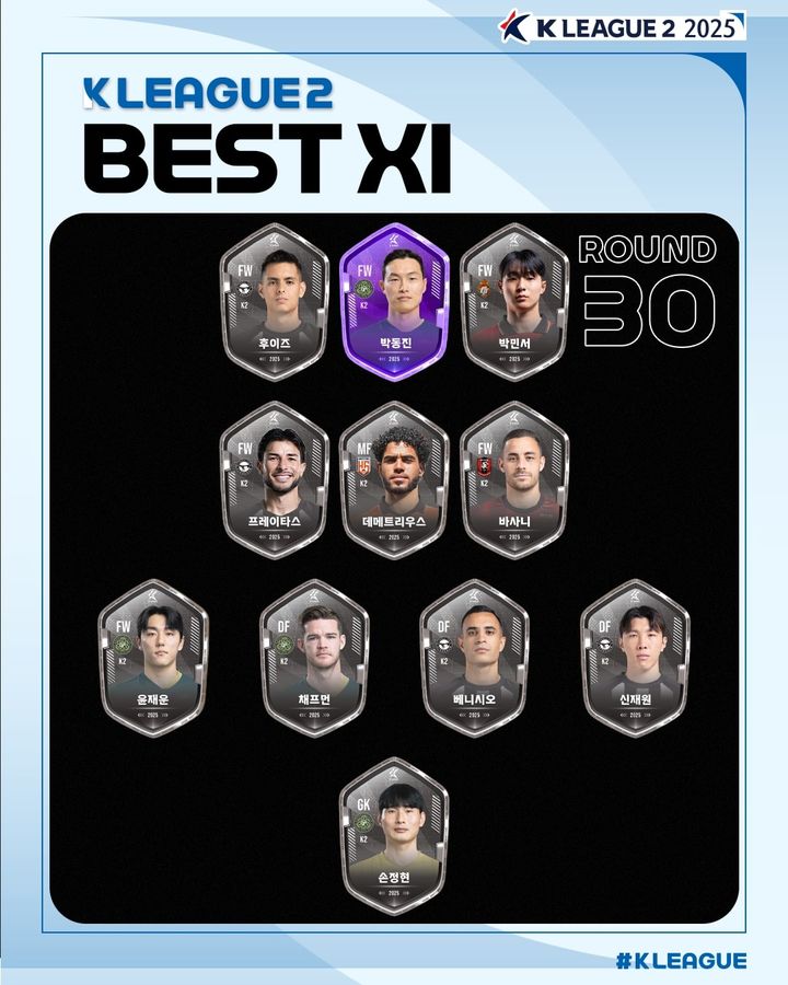 [서울=뉴시스] 하나은행 K리그2 2025 30라운드 베스트11 이미지. (사진=한국프로축구연맹 제공) *재판매 및 DB 금지