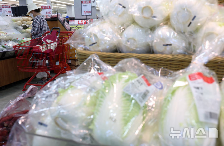 [서울=뉴시스] 조성우 기자 = 서울 시내의 한 대형마트에서 고객이 배추를 살펴보고 있다. 2025.09.23. xconfind@newsis.com