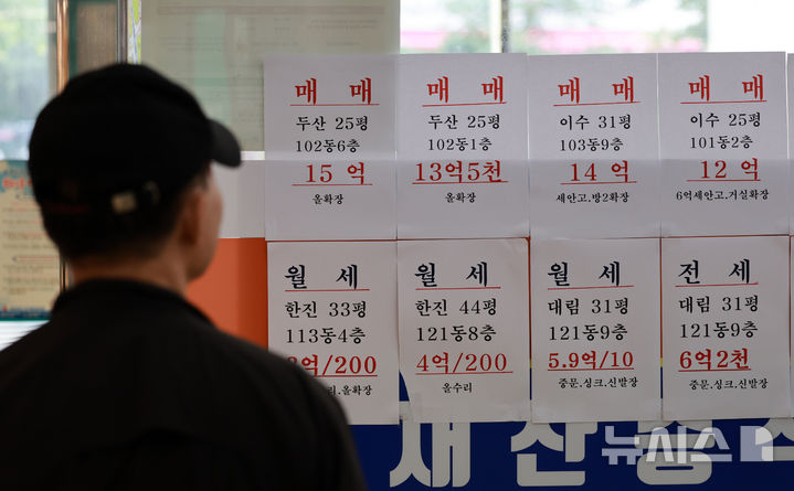 [서울=뉴시스] 이영환 기자 = 서울 6억원 이하 아파트가 10년새 5분의 1 수준으로 줄어든 23일 오후 서울 시내의 부동산 중개업소에 매물 정보가 게시되어 있다. 부동산 중개업체 집토스 분석에 따르면, 서울 전체 거래에서 '6억 원 이하' 아파트가 차지하는 비중은 2015년 80.5%에서 2025년 15.8%로 급감했다. 2025.09.23. 20hwan@newsis.com