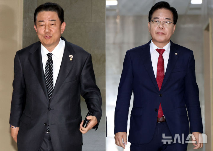 [서울=뉴시스] 조성봉 기자 = 김병기 더불어민주당 원내대표와 송언석 국민의힘 원내대표가 23일 오후 서울 여의도 국회에서 열린 현안관련 여야 2+2(원내대표, 원내운영수석부대표) 회동에 참석하고 있다. 2025.09.23. suncho21@newsis.com