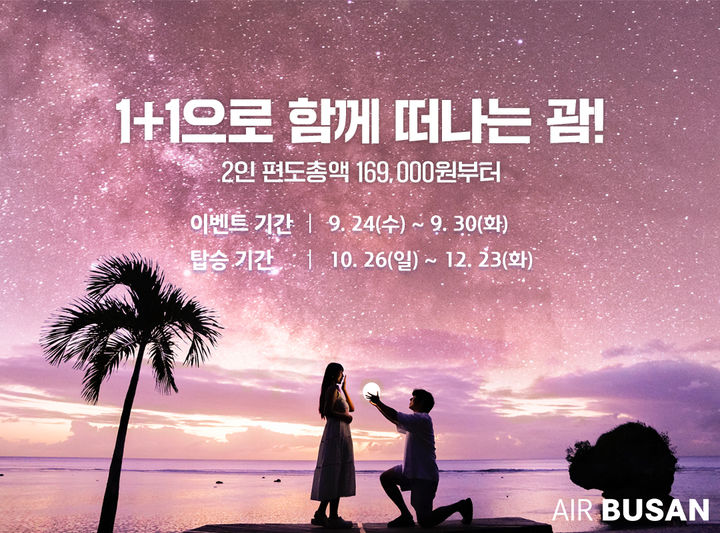 [부산=뉴시스] 에어부산이 늦캉스족을 겨냥해 프로모션을 진행한다. 부산~괌 노선은 1+1 혜택을 제공한다. (사진=에어부산 제공) 2025.09.24. photo@newsis.com *재판매 및 DB 금지