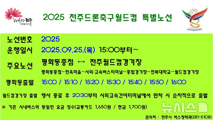 [전주=뉴시스]윤난슬 기자 = 전북 전주시는 오는 25일 개막식과 27일 시상식이 열리는 '2025 전주드론축구월드컵' 주요 일정에 맞춰 관람객 교통 편의를 위한 시내버스 특별노선을 운행한다고 24일 밝혔다. (사진=전주시 제공) photo@newsis.com 