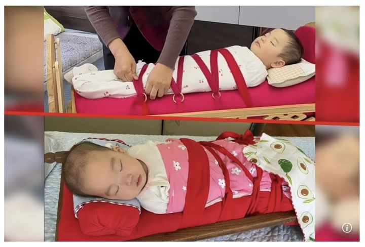 [서울=뉴시스]몽골식 요람 울루기에 묶인 아기. (사진출처: 홍콩 사우스차이나모닝포스트 캡처) 2025.09.24.