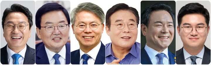 [광주=뉴시스] 더불어민주당 소속 광주시장 출마 예정자. 왼쪽부터 강기정 시장, 문인 북구청장, 민형배 국회의원, 이병훈 호남발전특위 수석부위원장, 이형석 전 국회의원, 정준호 국회의원. (사진=뉴시스DB) *재판매 및 DB 금지