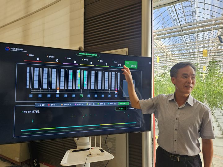 [익산=뉴시스] 23일 전북 익산 월화수목금토마토 농장에서 이충근 농업로봇과장이 통합 관리 프로그램을 설명하고 있다. (사진=임소현 기자) *재판매 및 DB 금지