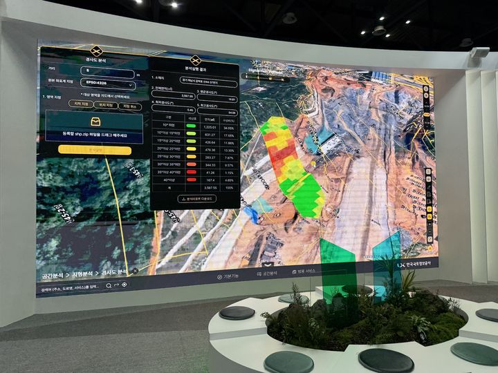 [서울=뉴시스] 이연희 기자 = 한국국토정보공사(LX)가 24일 경기도 고양시 일산 킨텍스에서 열린 '2025 K-GEO 페스타(Festa)' 전시관에서 AI와 드론 기술, 디지털트윈을 융합한 차세대 국토관리 플랫폼 2종을 소개하고 있다. 2025.09.24. dyhlee@newsis.com  *재판매 및 DB 금지