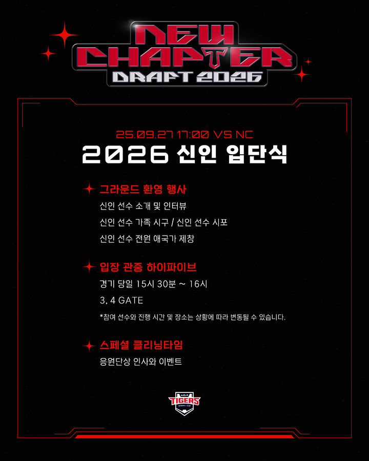 [서울=뉴시스] 프로야구 KIA 타이거즈가 는 27일 광주-기아 챔피언스필드에서 열리는 2025 신한 쏠뱅크 KBO리그 NC 다이노스와의 경기에 앞서 2026 신인 선수 입단식을 개최한다. (사진=KIA 타이거즈 제공) 2025.09.24. *재판매 및 DB 금지