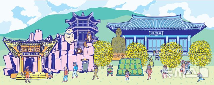 [광주=뉴시스]㈜광주신세계(대표이사 이동훈)가 백화점 확장 공사현장 유스퀘어 문화관 인근 가설 울타리를 광주명소 일러스트로 제작해 눈길을 끌고 있다. 