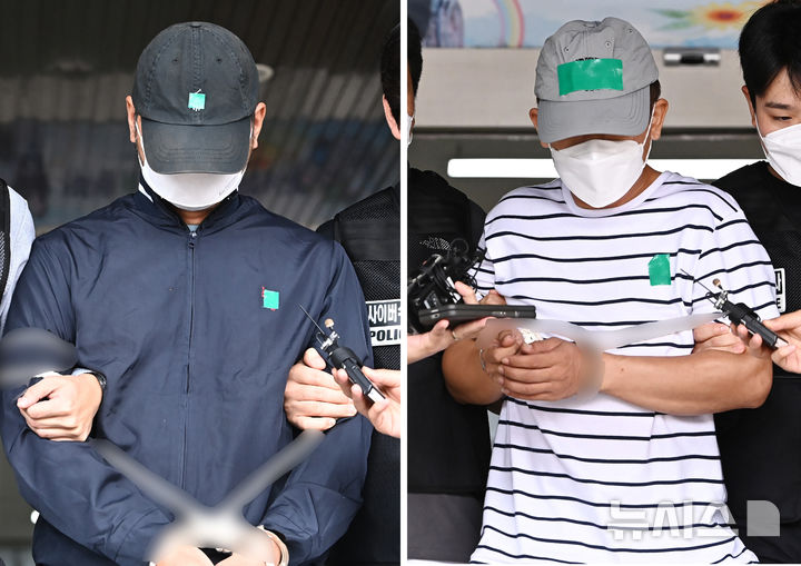 [수원=뉴시스] 김종택 기자 = KT 무단 소액결제 사건 피의자인 중국 국적의 남성들이 25일 경기 수원시 영통경찰서에서 정보통신망법 위반, 컴퓨터 사용 사기, 범죄수익 은닉규제법 위반 등 혐의로 검찰로 구속 송치되고 있다. 2025.09.25. jtk@newsis.com