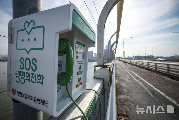 [서울=뉴시스] 정병혁 기자 = 25일 서울 마포구 마포대교 안전펜스에 SOS생명의전화가 설치되어 있다.&nbsp; 지난해 자살률이 2011년 이후 가장 높은 상황인 것으로 나타났다. '2024년 사망원인통계'에 따르면 지난해 자살사망자 수는 1만4872명으로 전년보다 894명(6.4%) 증가했다. 1일 평균 자살사망자 수는 40.6명으로 나타났다. 국제 비교를 위해 산출하는 연령표준화 자살률은 26.2명으로 경제협력개발기구(OECD) 평균 10.8명에 비해 2.4배 높아 OECD 국가 1위를 차지했다. 2025.09.25. jhope@newsis.com